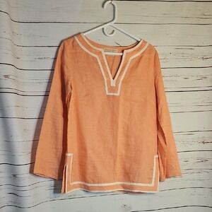 Michael Kors Womens Tunic Top Long Sleeve Orange White‎ Trim Elegant, SP